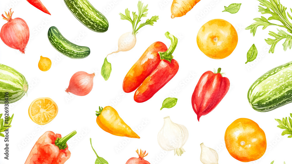 Fresh vegetables and fruits arranged on a light background for a colorful culinary display Fresh vegetables and fruits arranged on a light background for a colorful culinary display