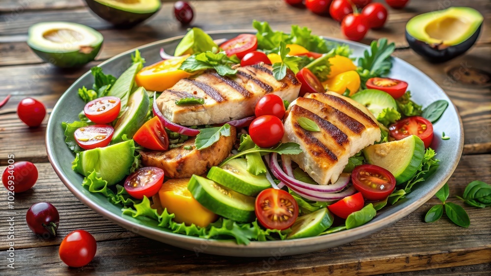 Fresh mixed salad with grilled chicken, avocado, cherry tomatoes, cucumber, and bell peppers, healthy, food, meal, lunch, dinner Fresh mixed salad with grilled chicken, avocado, cherry tomatoes, cucumber, and bell peppers, healthy, food, meal, lunch, dinner