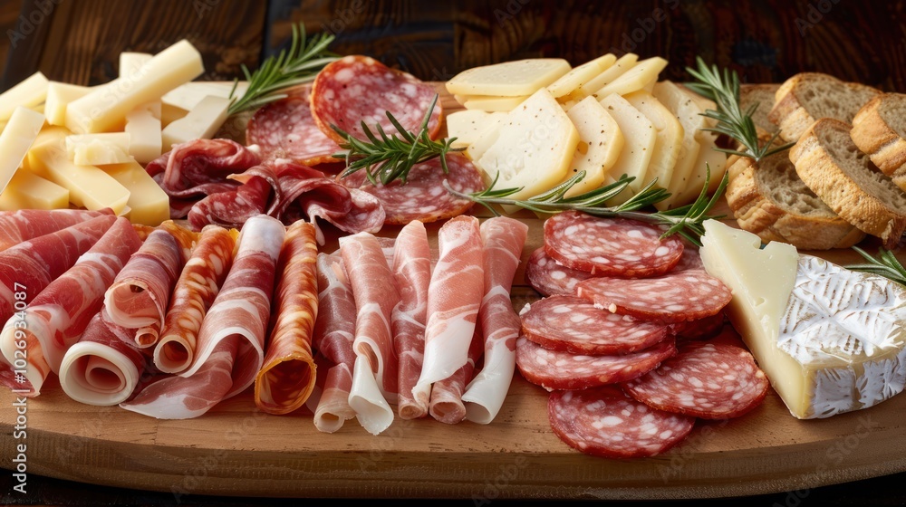 Assortment of cured meats, cheeses, and bread on a wooden platter Assortment of cured meats, cheeses, and bread on a wooden platter