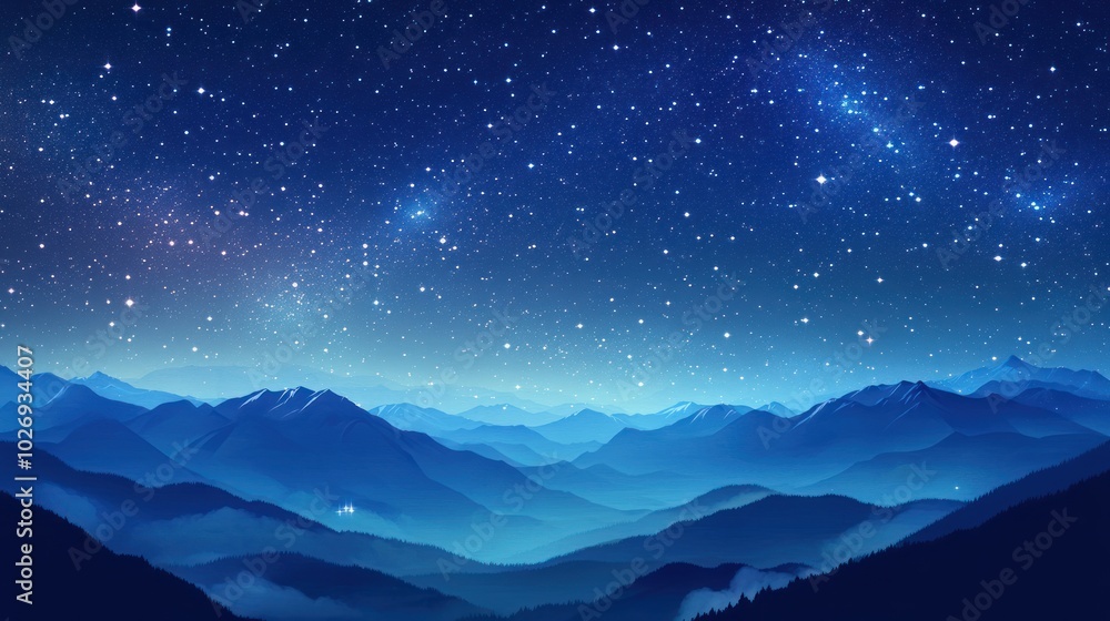 A mountain range with a blue sky and stars. The stars are scattered throughout the sky. The mountains are in the background and the sky is blue A mountain range with a blue sky and stars. The stars are scattered throughout the sky. The mountains are in the background and the sky is blue