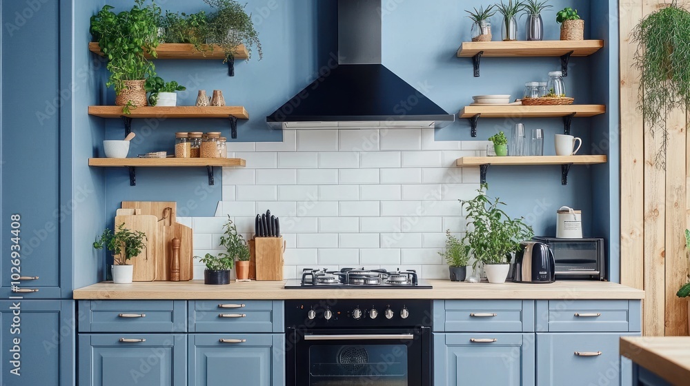 A kitchen with a black oven and a white stove. There are potted plants on the counter and a wooden cabinet A kitchen with a black oven and a white stove. There are potted plants on the counter and a wooden cabinet