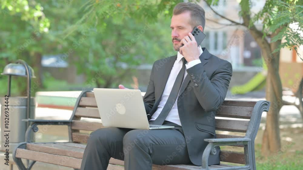 Middle Aged Businessman Talking on phone and Using Laptop Outdoor Middle Aged Businessman Talking on phone and Using Laptop Outdoor