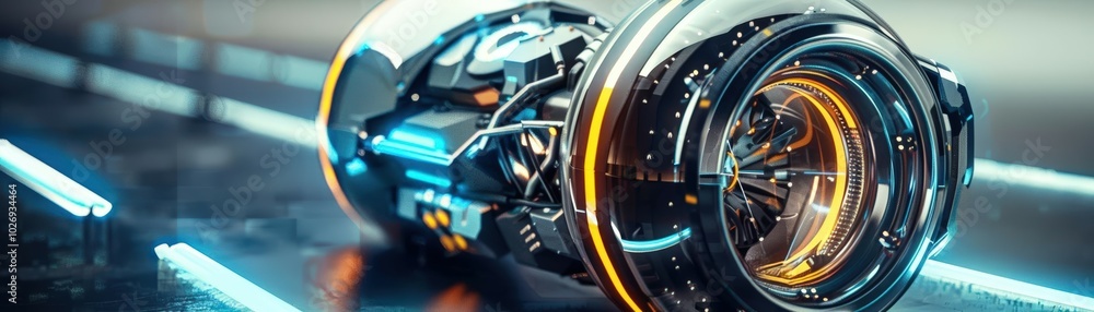 Obraz premium Craft a vivid, photorealistic design of a sleek, futuristic fuel cell, emphasizing intricate details and realistic textures that pop