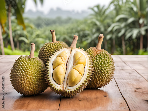 Durian fruit on wooden table with blur durian plantation background. photo