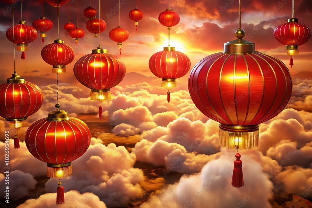 Golden Lanterns Against Red Clouds for Chinese New Year Celebration Golden Lanterns Against Red Clouds for Chinese New Year Celebration