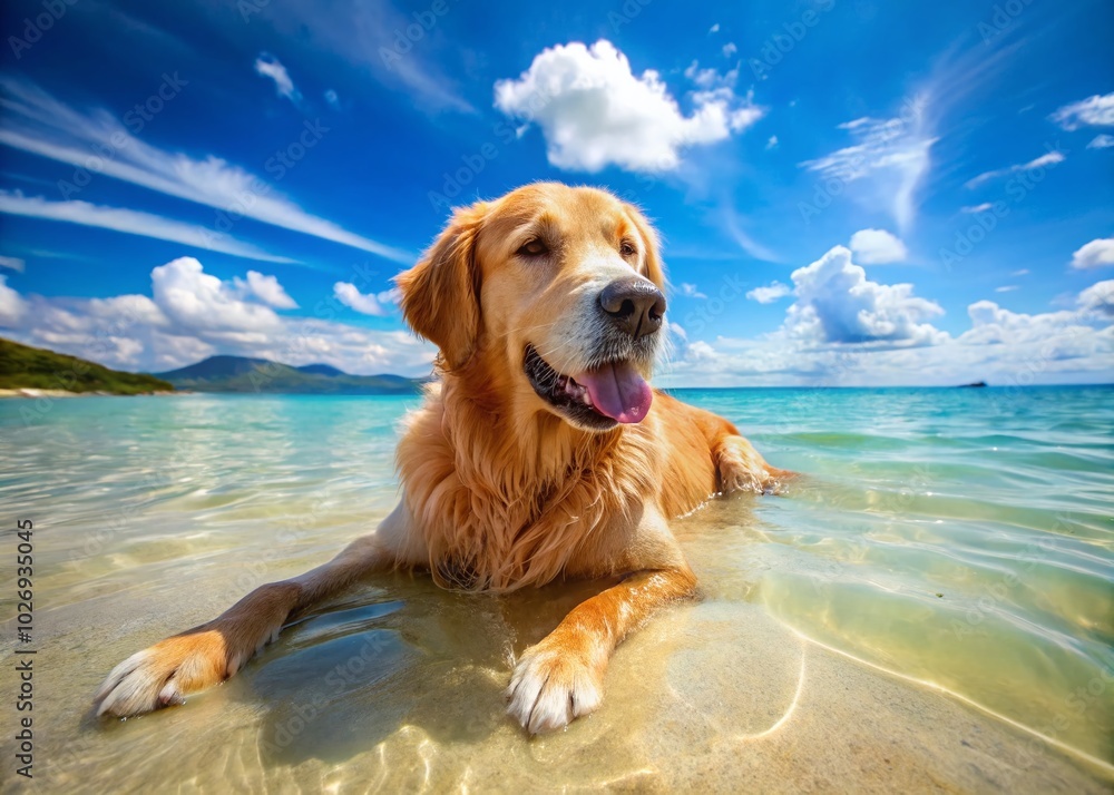 Golden Retriever Enjoying Clear Ocean Water on a Hot Summer Day Golden Retriever Enjoying Clear Ocean Water on a Hot Summer Day
