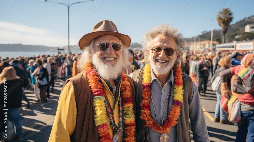 Happy senior gay male couple hugging during pride month celebration wearing rainbow flag Happy senior gay male couple hugging during pride month celebration wearing rainbow flag
