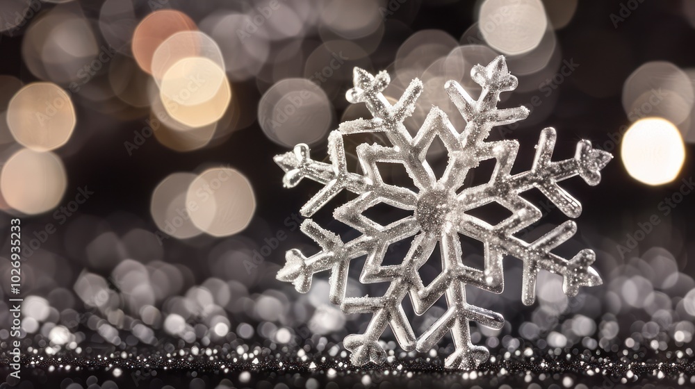 A Silver Snowflake Ornament on a Glittering Surface with Blurred Lights A Silver Snowflake Ornament on a Glittering Surface with Blurred Lights