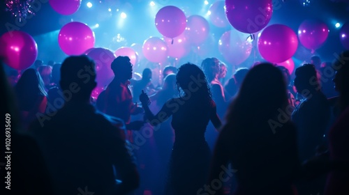 Wallpaper Mural Vibrant Party Atmosphere with Silhouetted Dancers and Colorful Balloons Torontodigital.ca