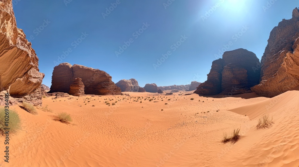 A desert with a mountain in the background. The sky is blue and cloudy. There is a small hill in the desert A desert with a mountain in the background. The sky is blue and cloudy. There is a small hill in the desert