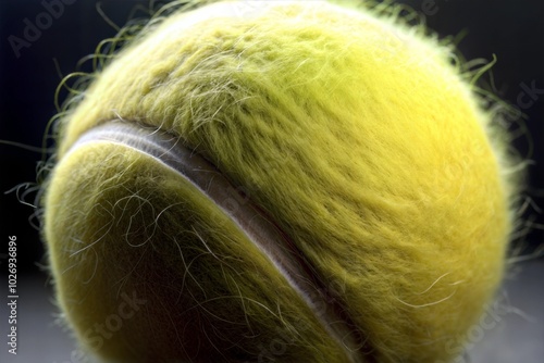 Detailed close-up of tennis ball with fuzzy texture and white seam