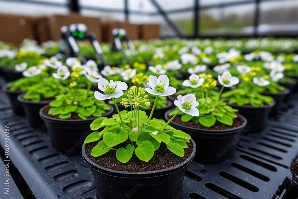 AI-designed Winter Aconite garden, where each plant is perfectly arranged by automated systems, blooming in precise formations with robotic caretakers monitoring their growth AI-designed Winter Aconite garden, where each plant is perfectly arranged by automated systems, blooming in precise formations with robotic caretakers monitoring their growth