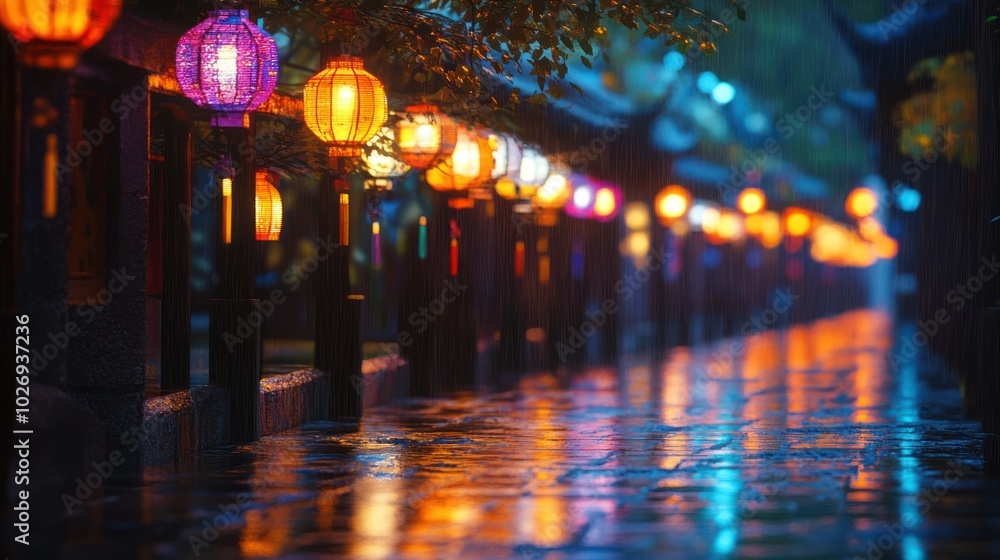 A walkway with many lights hanging from the ceiling. The lights are of different colors and sizes A walkway with many lights hanging from the ceiling. The lights are of different colors and sizes