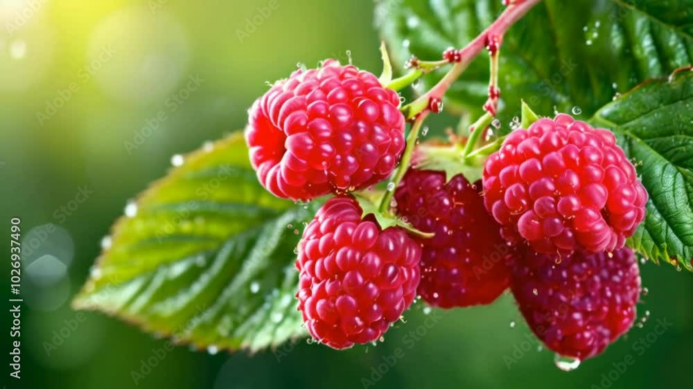 Raspberry on a branch. Raspberry is a small, juicy, bright red fruit known for its sweet-tart flavor, often used in desserts. Raspberry on a branch. Raspberry is a small, juicy, bright red fruit known for its sweet-tart flavor, often used in desserts.