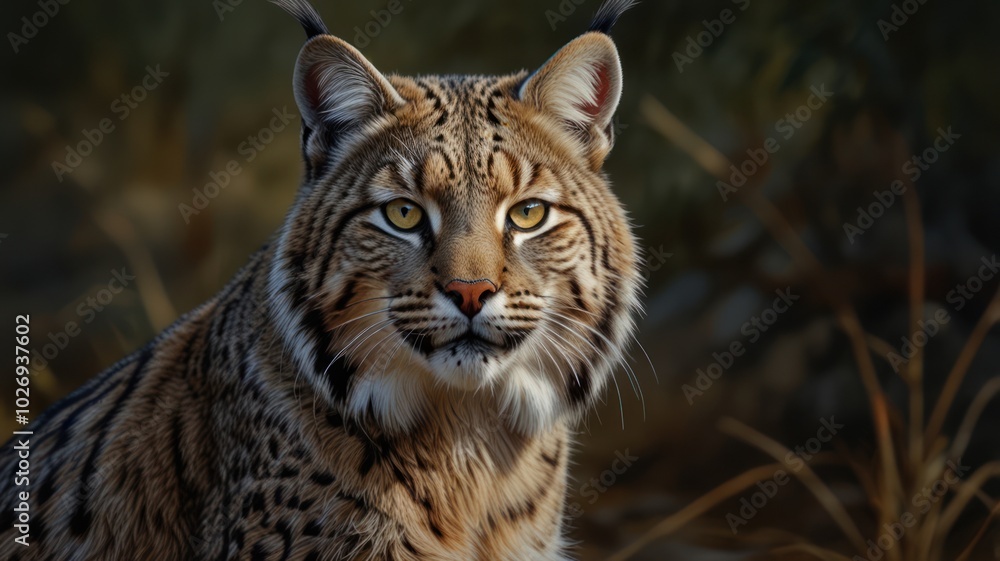 A majestic bobcat, its keen eyes piercing the undergrowth, blends seamlessly with the forest floor A majestic bobcat, its keen eyes piercing the undergrowth, blends seamlessly with the forest floor