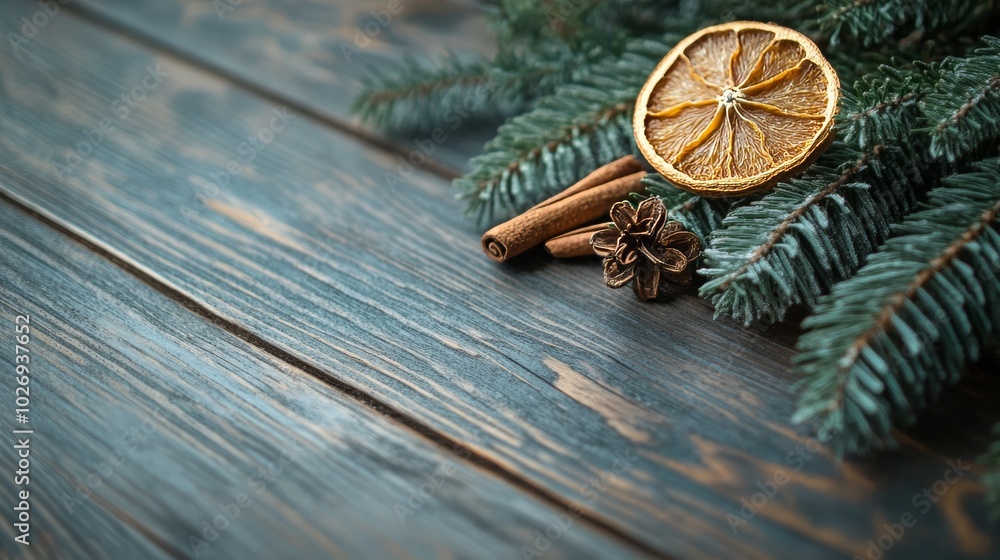 Xmas fir branch, cinnamon, and orange on wood Xmas fir branch, cinnamon, and orange on wood