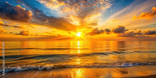 Vibrant sunrise casting a golden glow over the calm sea , sunrise, sea, ocean, horizon, water, reflection, nature, beautiful photo