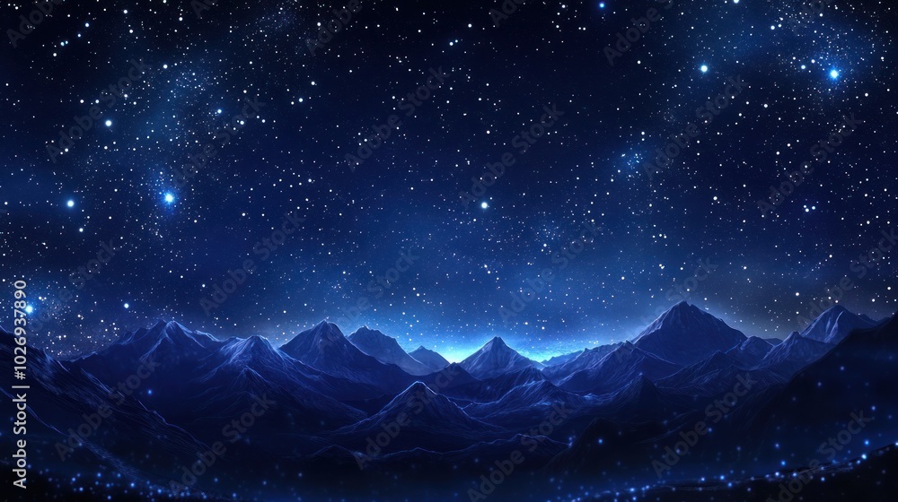 Fototapeta premium A mountain range with a blue sky and stars. The stars are scattered throughout the sky. The mountains are in the background and the sky is blue