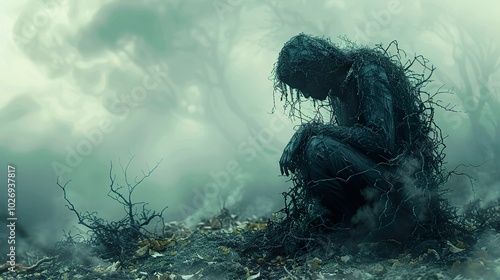 A Figure Enveloped in Fog and Branches: A Surreal and Eerie Artwork photo