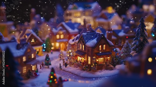 A colorful, festive Christmas night scene with snowflakes falling over a beautifully lit village, glowing with holiday lights and vibrant winter decorations.