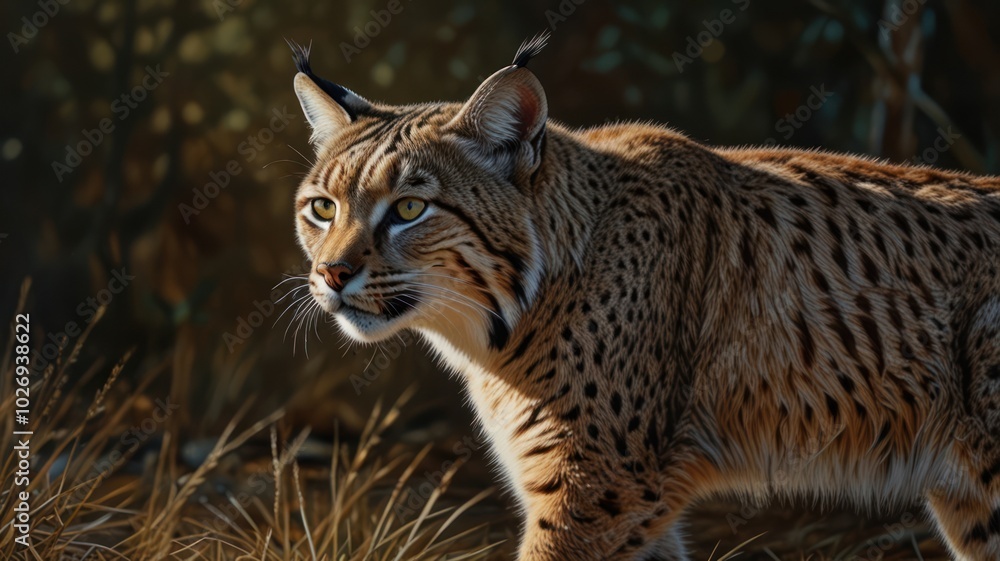 Obraz premium A majestic bobcat, its keen eyes piercing the undergrowth, blends seamlessly with the forest floor