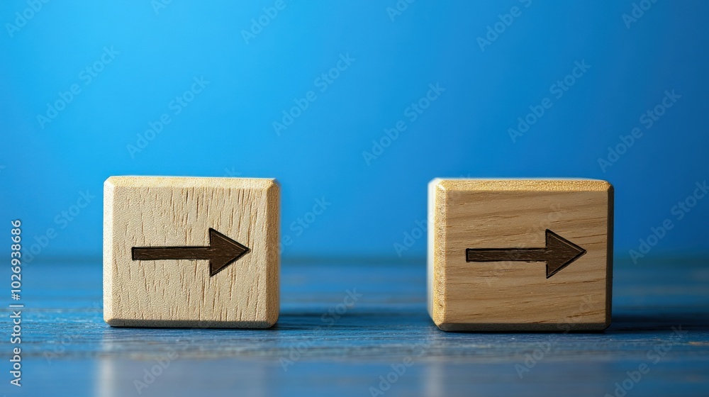 Two wooden blocks with arrows pointing in opposite directions. One arrow is pointing left and the other is pointing right Two wooden blocks with arrows pointing in opposite directions. One arrow is pointing left and the other is pointing right