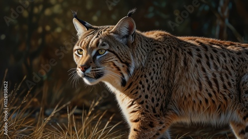 A majestic bobcat, its keen eyes piercing the undergrowth, blends seamlessly with the forest floor