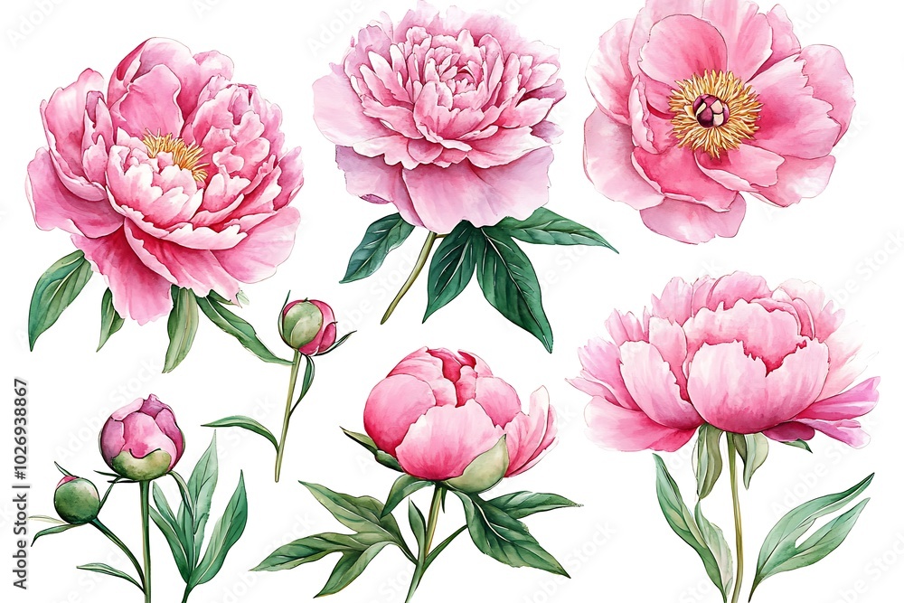 Peonies on white isolated background. Watercolor Flowers Peonies on white isolated background. Watercolor Flowers