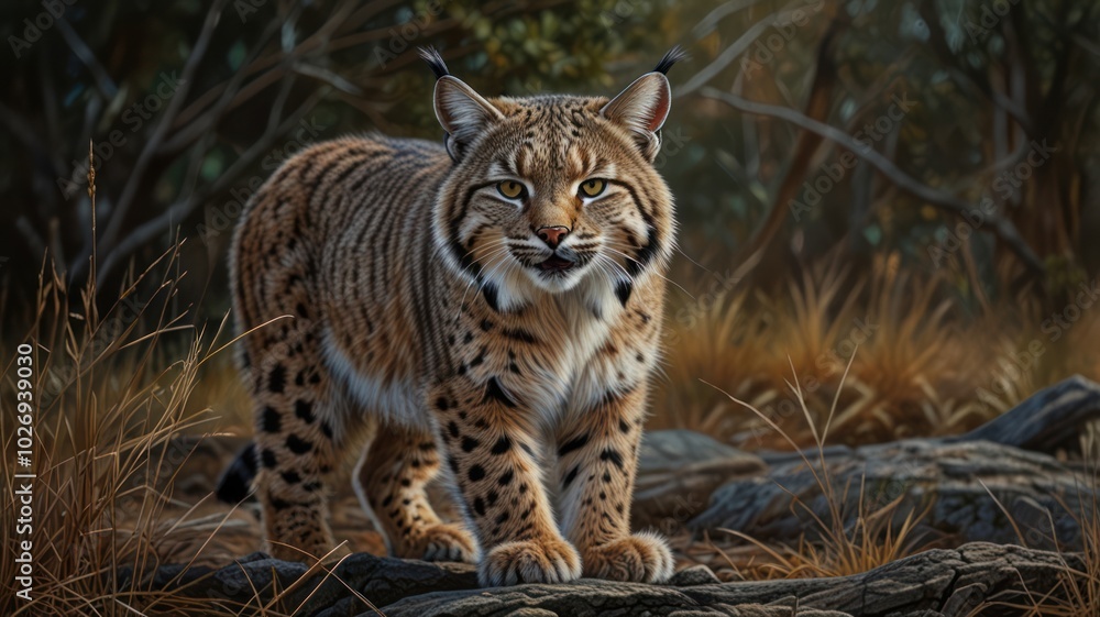 Fototapeta premium A majestic bobcat, its keen eyes piercing the undergrowth, blends seamlessly with the forest floor