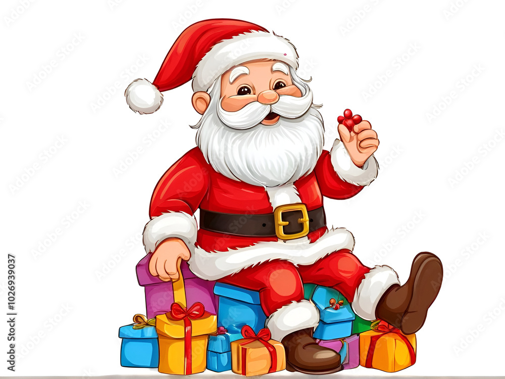 Santa Claus comfortably perched on a mound of festive presents, radiating warmth and holiday spirit. Santa Claus comfortably perched on a mound of festive presents, radiating warmth and holiday spirit.