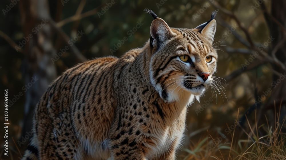 A majestic bobcat, its keen eyes piercing the undergrowth, blends seamlessly with the forest floor A majestic bobcat, its keen eyes piercing the undergrowth, blends seamlessly with the forest floor