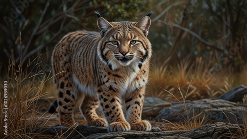 A majestic bobcat, its keen eyes piercing the undergrowth, blends seamlessly with the forest floor