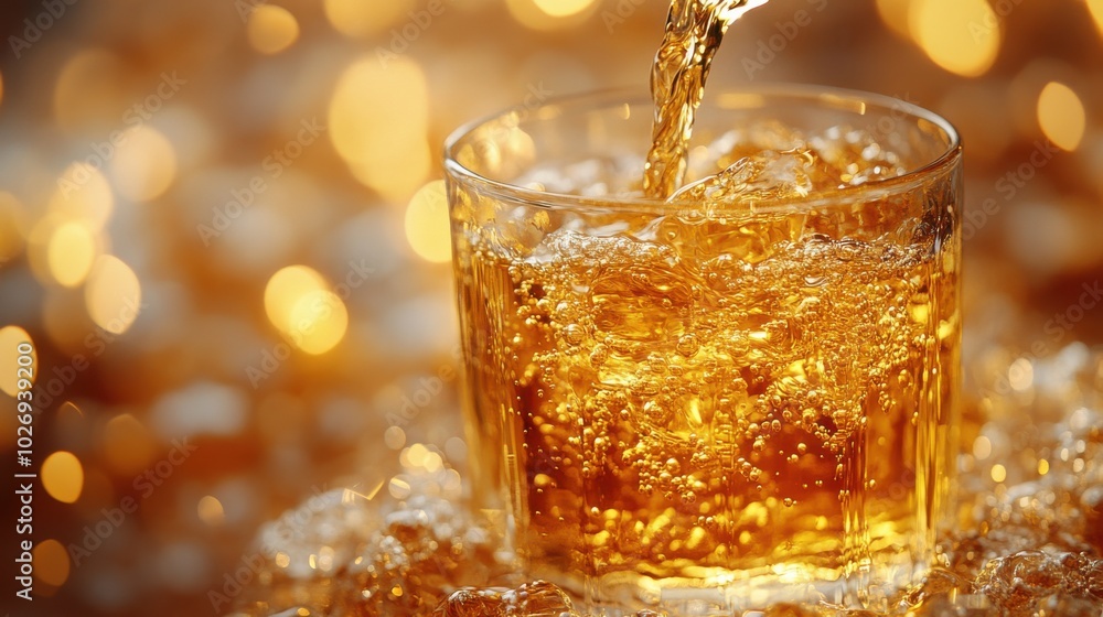 Golden liquid streams into a glass, its mesmerizing bubbles glistening in the warm, luminous glow, evoking a sense of luxury and indulgence. Golden liquid streams into a glass, its mesmerizing bubbles glistening in the warm, luminous glow, evoking a sense of luxury and indulgence.