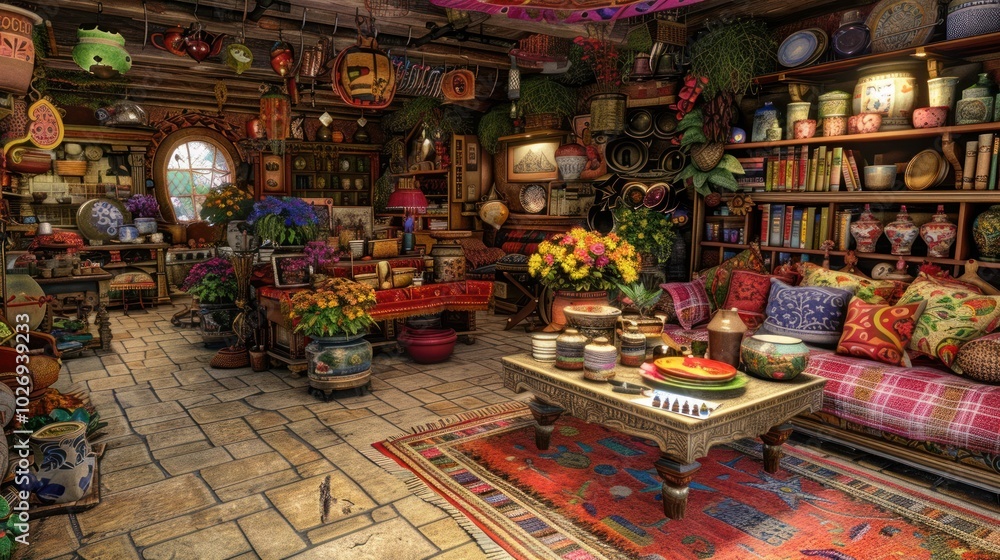 Naklejka premium A Cozy, Cluttered Living Room Filled with Decor and Plants