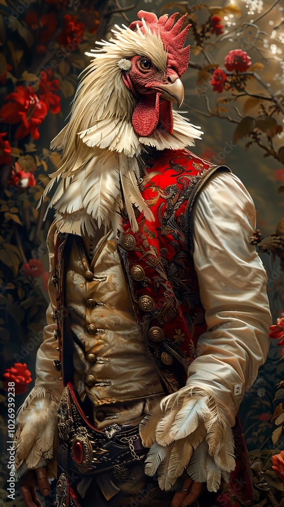 Fototapeta premium Rooster in a Red Vest - Surreal Animal Portrait