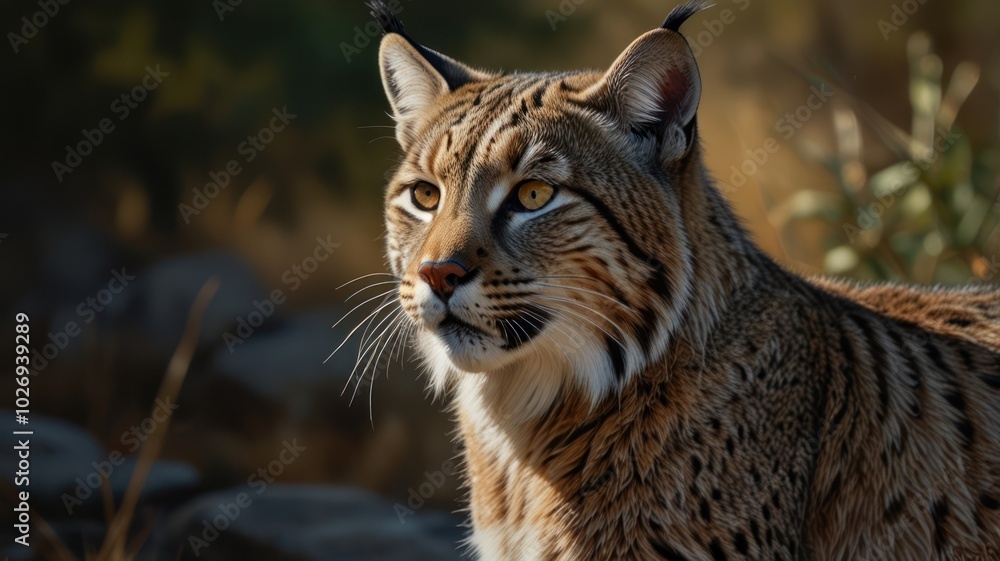 Fototapeta premium A majestic bobcat, its keen eyes piercing the undergrowth, blends seamlessly with the forest floor
