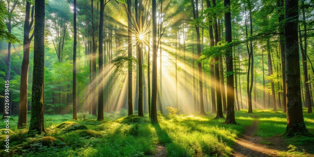 Fototapeta premium Sunlight filtering through the trees in a lush forest setting, forest, nature, sunlight, trees, greenery, foliage