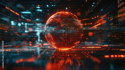 A futuristic globe glows with digital energy, as data streams and lines flow around it, illustrating global internet connectivity.