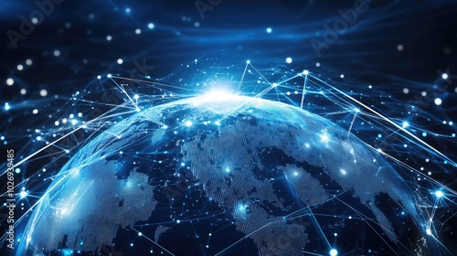 A futuristic globe with glowing data lines flowing across it, illustrating the power of global connectivity and internet networks.