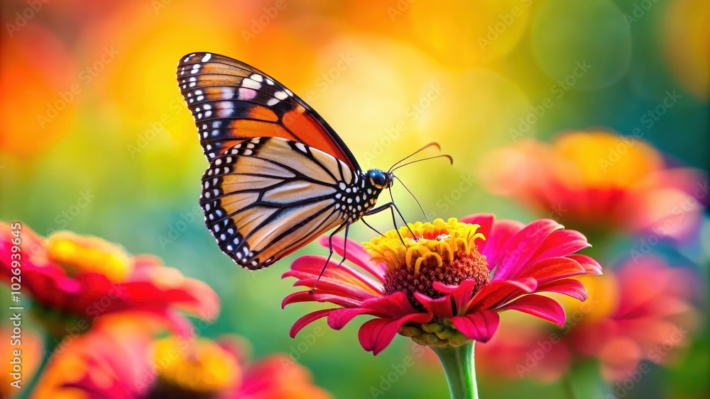 Obraz premium Butterfly resting delicately on a vibrant flower, butterfly, flower, nature, colorful, delicate, beauty, vibrant, pollination