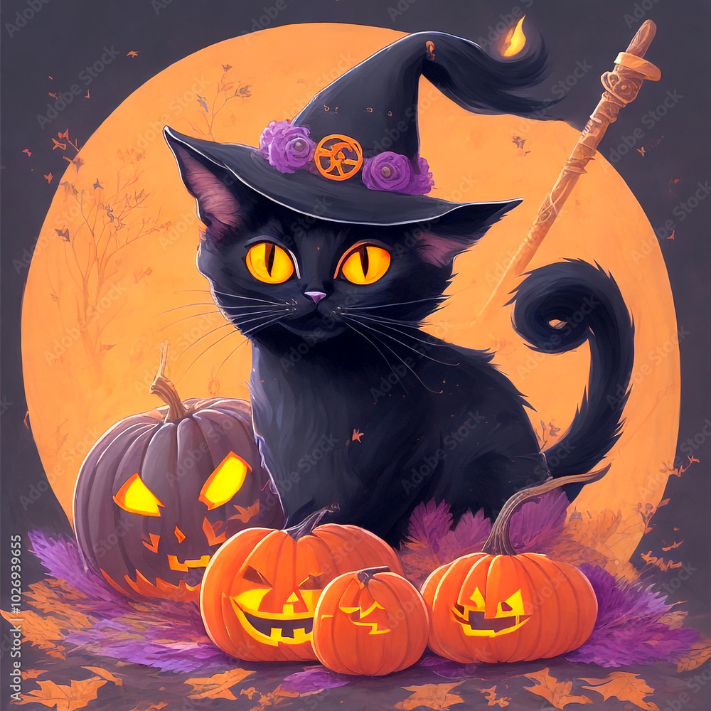On Halloween, a black cat riding a broomstick, while surrounded by pumpkins Portrait art On Halloween, a black cat riding a broomstick, while surrounded by pumpkins Portrait art