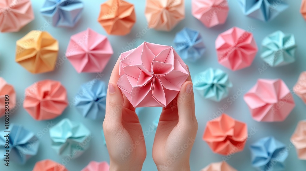 Vibrant origami pieces meticulously arranged on a soft blue surface create an inviting and imaginative display of color and geometry. Vibrant origami pieces meticulously arranged on a soft blue surface create an inviting and imaginative display of color and geometry.