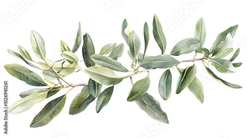 Elegant olive branch in vintage boho style, rendered with a unique oil painting technique on an isolated white background, capturing natural beauty and artistic detail. 