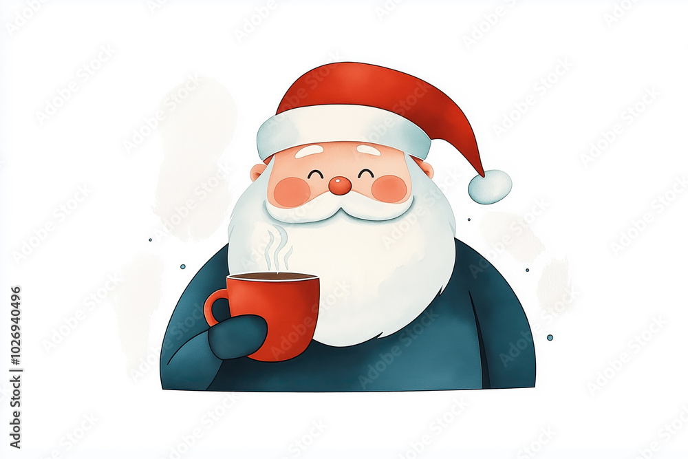 Cute illustration of Santa Claus with a mug of hot drink, cheerful and festive holiday design Cute illustration of Santa Claus with a mug of hot drink, cheerful and festive holiday design