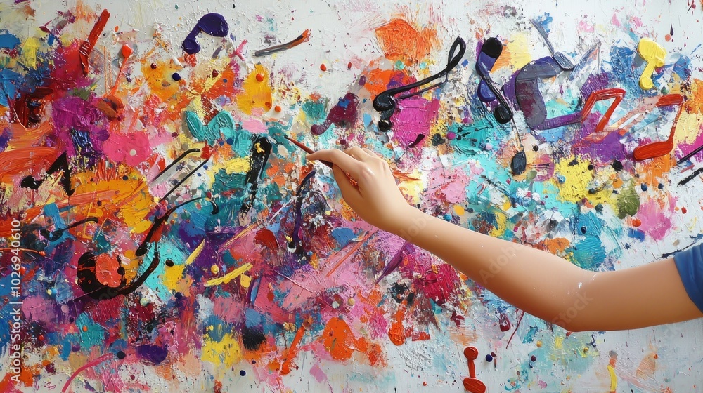 A hand draws bright, lively musical notes on a blank canvas, surrounded by splashes of vibrant paint, embodying the fusion of art and music. A hand draws bright, lively musical notes on a blank canvas, surrounded by splashes of vibrant paint, embodying the fusion of art and music.