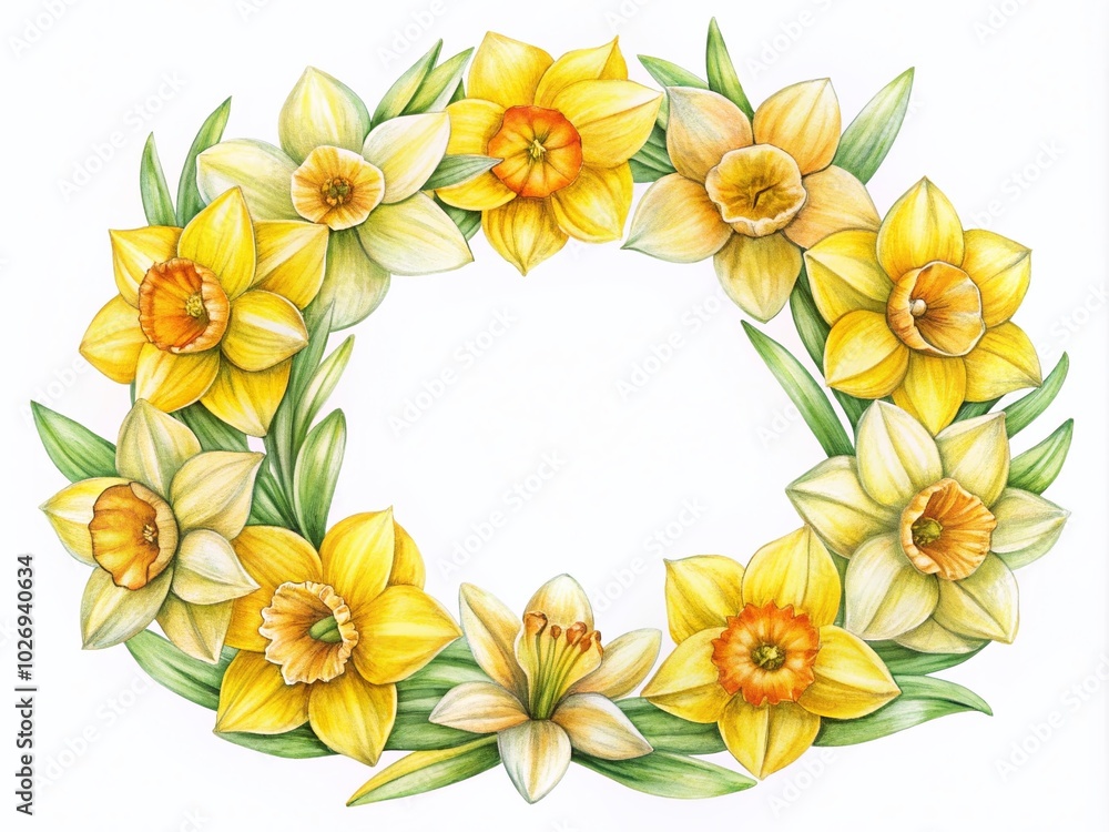 Hand Drawn Daffodil Wreath Border for Cards and Labels - Elegant Floral Design Hand Drawn Daffodil Wreath Border for Cards and Labels - Elegant Floral Design