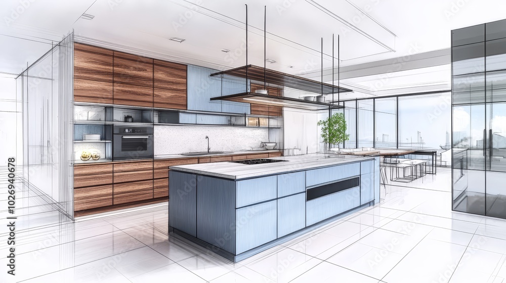 © Thavesak - Minimalist Contemporary Kitchen Design Sketch in Pastel Blue and Grey on White Background with Modern Cabinets and Island © Thavesak - Minimalist Contemporary Kitchen Design Sketch in Pastel Blue and Grey on White Background with Modern Cabinets and Island