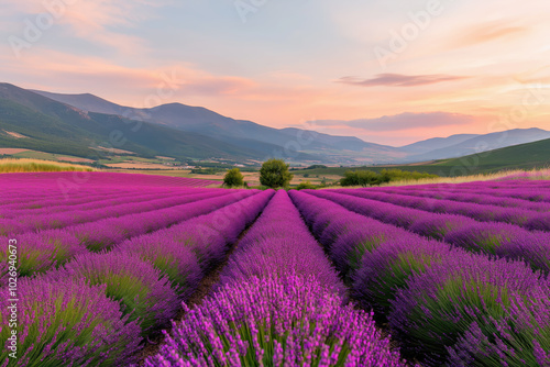 Beautiful lavender field landscape at sunset, vibrant purple flowers and mountain view