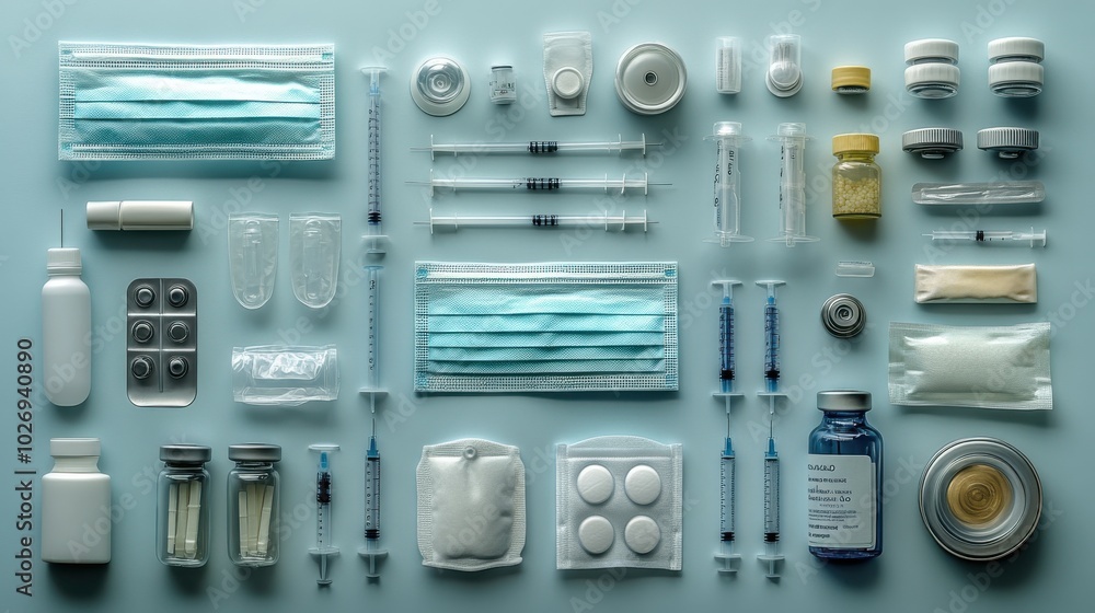 A meticulously arranged flat lay of medical items, including masks and syringes, on a pastel background, reflecting precision in healthcare essentials. A meticulously arranged flat lay of medical items, including masks and syringes, on a pastel background, reflecting precision in healthcare essentials.