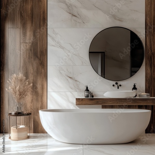 Stylish modern bathroom featuring a freestanding tub, elegant mirror, and wooden accents for a serene ambiance. photo